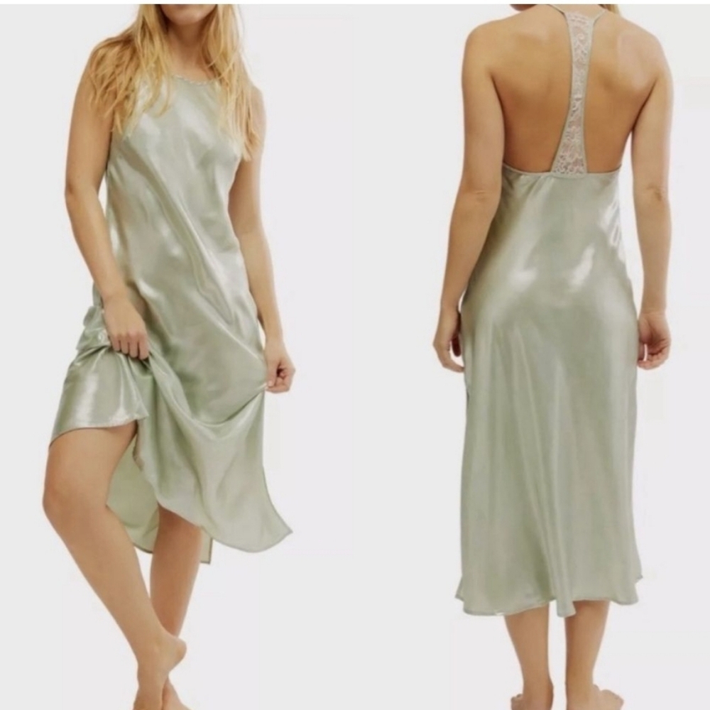 Free People Geen Lace Back Sunset Shimmer Metallic Satin Midi Slip Dress - Picture 1 of 8